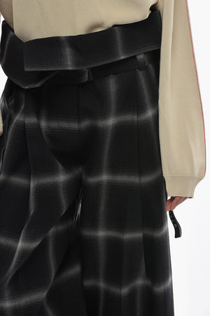 Wool Double-Pleat Trousers with Faded Plaid Pattern and Belt