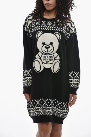 COUTURE! Long-Sleeve Knit Dress with Teddy Bear Embroidery