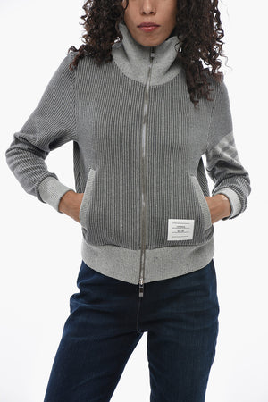 Ribbed Cotton and Silk Sweater with Zip Closure