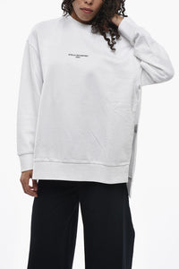 Brushed Cotton Crewneck Sweatshirt with Side Slits and Contrast Logo