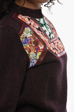 Virgin Wool Crewneck Sweater with Floral Pattern and Vegan Leather Details