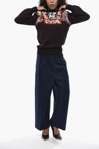 Virgin Wool Crewneck Sweater with Floral Pattern and Vegan Leather Details