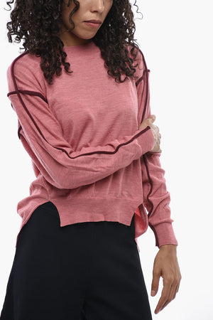Virgin Wool Crewneck Sweater With Asymmetric Hem And Contrast Edging