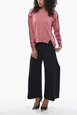 Virgin Wool Crewneck Sweater With Asymmetric Hem And Contrast Edging