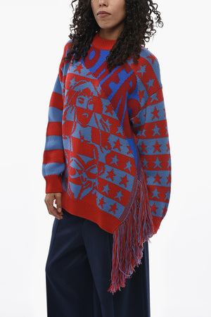 Two-Tone Oversize Crewneck Sweater With Fringes