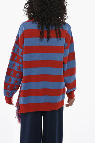 Two-Tone Oversize Crewneck Sweater With Fringes
