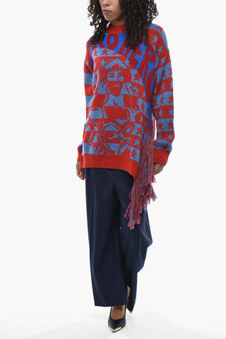 Two-Tone Oversize Crewneck Sweater With Fringes
