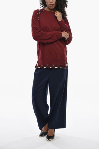Virgin Wool Crewneck Sweater With Patterned Silk Band