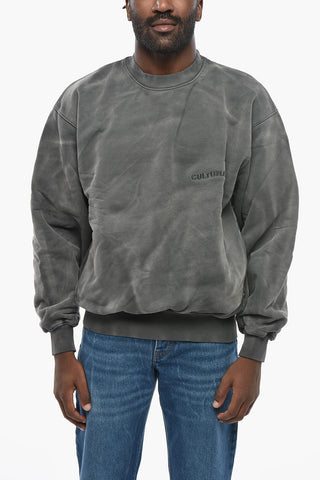 Acid-Wash Effect Crewneck Sweatshirt with Logo Embroidery