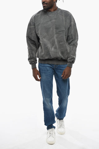 Acid-Wash Effect Crewneck Sweatshirt with Logo Embroidery