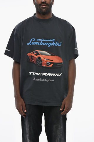 LAMBORGHINI Crewneck Washed-Effect Printed T-Shirt