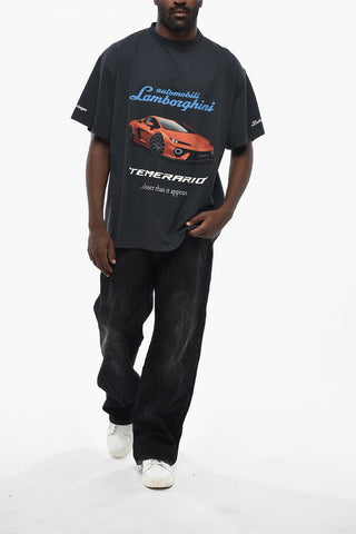 LAMBORGHINI Crewneck Washed-Effect Printed T-Shirt