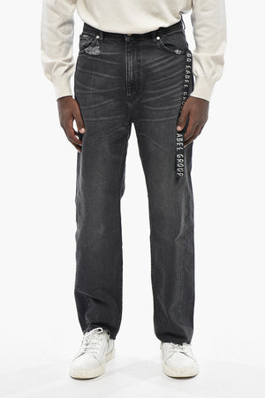 Jeans a Lavaggio Scuro ad Orlo Sfrangiato con Nastro Logato 20cm