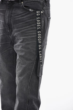 Jeans a Lavaggio Scuro ad Orlo Sfrangiato con Nastro Logato 20cm