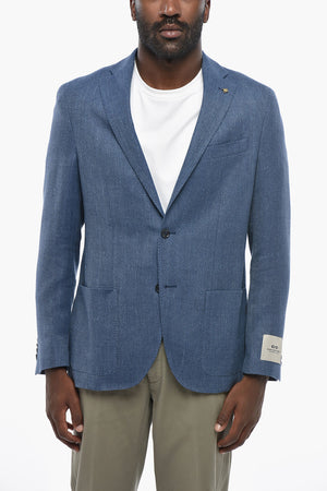 CC COLLECTION Blazer a Due Bottoni a Motivo Wave in Lana Vergine e Lino con Rever Classico