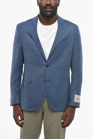 CC COLLECTION Blazer a Due Bottoni a Motivo Wave in Lana Vergine e Lino con Rever Classico