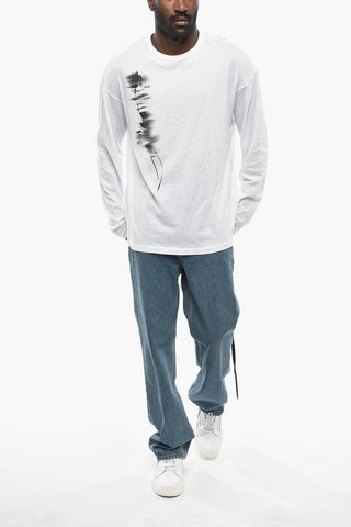 Long Sleeve Crew Neck Cotton T-shirt with Faded Print