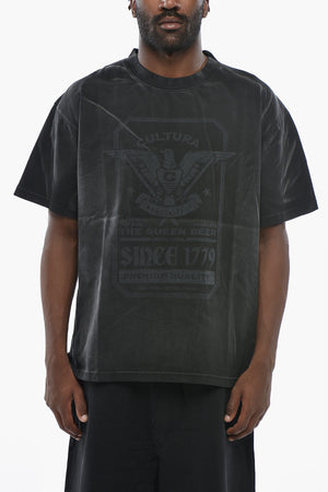 Cotton Crewneck T-Shirt with Acid-Wash Effect