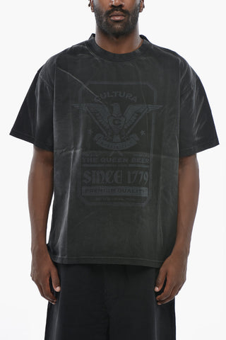 Cotton Crewneck T-Shirt with Acid-Wash Effect