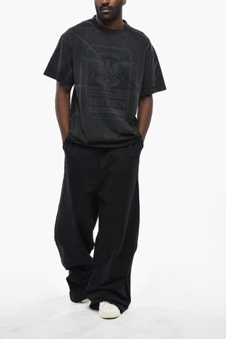 Cotton Crewneck T-Shirt with Acid-Wash Effect