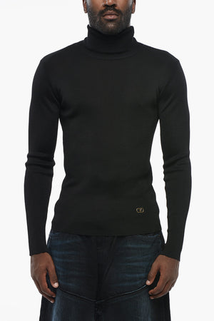 Solid-Color High-Neck Pullover With Gold Monogram