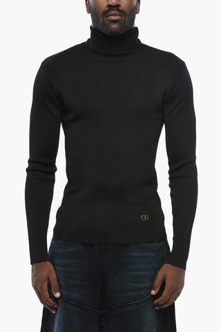 Solid-Color High-Neck Pullover With Gold Monogram