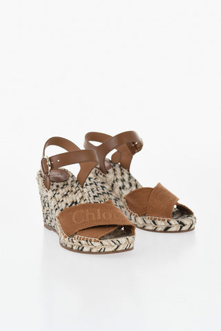 Leather and Fabric Sandals with 8.5cm Raffia Wedge