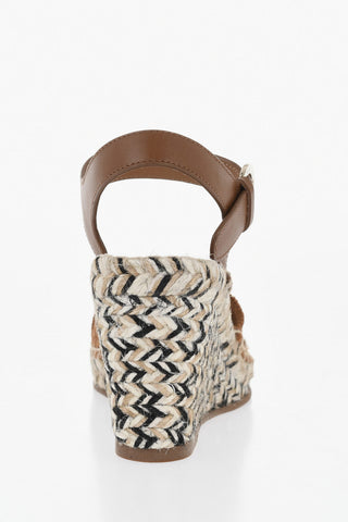 Leather and Fabric Sandals with 8.5cm Raffia Wedge