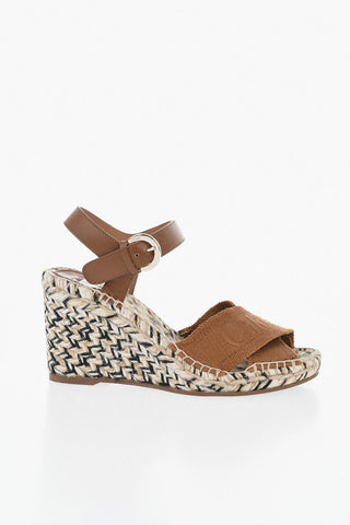 Leather and Fabric Sandals with 8.5cm Raffia Wedge