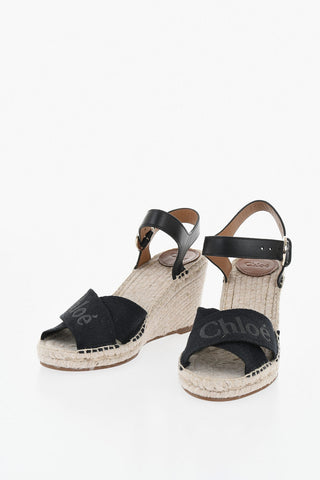 Leather and Fabric Sandals with 8.5cm Raffia Wedge