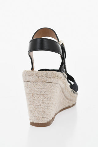 Leather and Fabric Sandals with 8.5cm Raffia Wedge