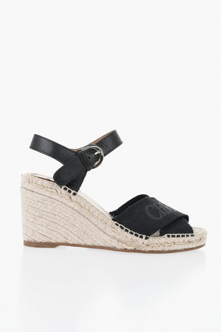 Leather and Fabric Sandals with 8.5cm Raffia Wedge