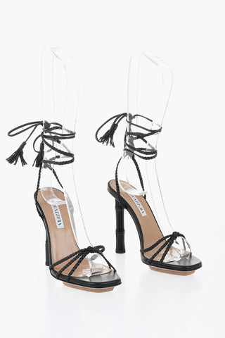 Leather Lace-Strap Sandals With 11 cm Bamboo Heel