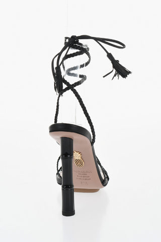 Leather Lace-Strap Sandals With 11 cm Bamboo Heel