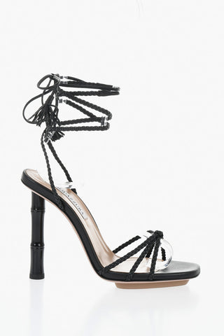 Leather Lace-Strap Sandals With 11 cm Bamboo Heel