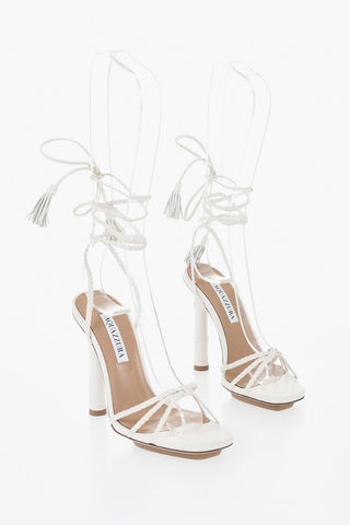 Lace-Strap Leather Sandals with 11,5cm Bamboo Heel