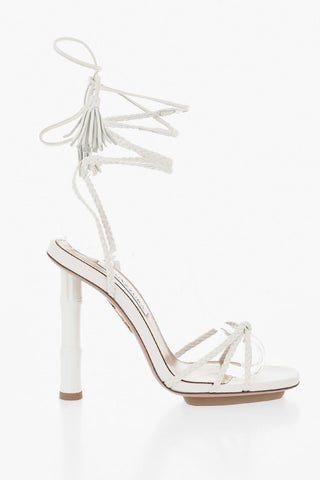 Lace-Strap Leather Sandals with 11,5cm Bamboo Heel