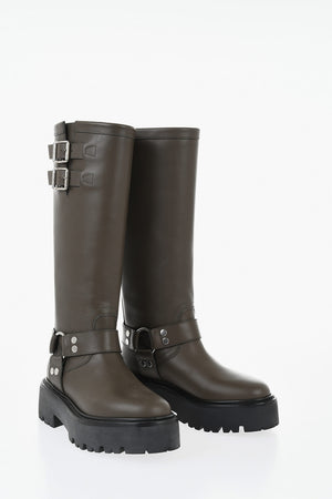 Stivali Biker in Pelle con Doppia Fibbia Argentata e Suola Chunky 5cm