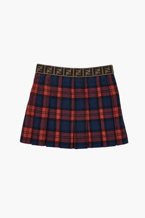 Virgin Wool Tartan Pleated Skirt with Logo Waistband