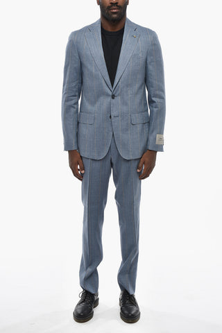 CC COLLECTION Linen And Virgin Wool Pinstripe Two-Button Suit With Iconic Pin