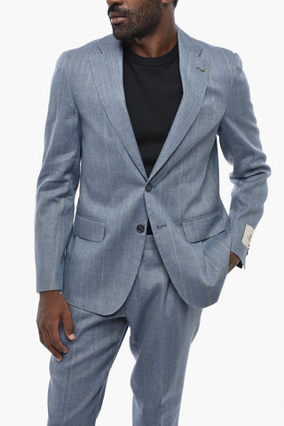 CC COLLECTION Linen And Virgin Wool Pinstripe Two-Button Suit With Iconic Pin