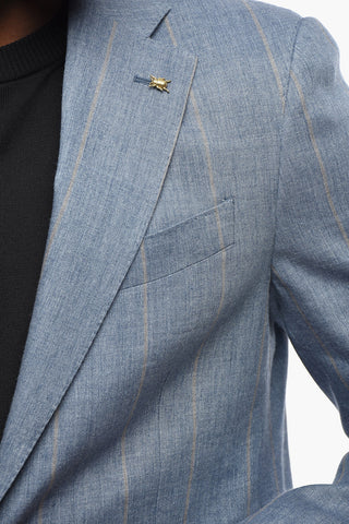 CC COLLECTION Linen And Virgin Wool Pinstripe Two-Button Suit With Iconic Pin