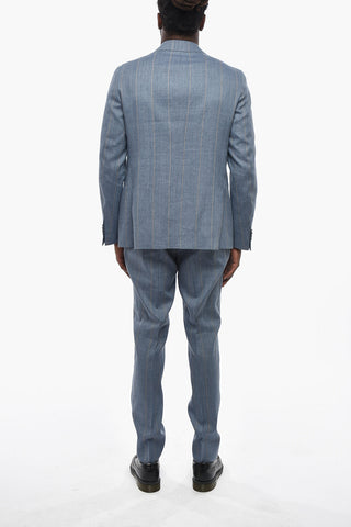 CC COLLECTION Linen And Virgin Wool Pinstripe Two-Button Suit With Iconic Pin