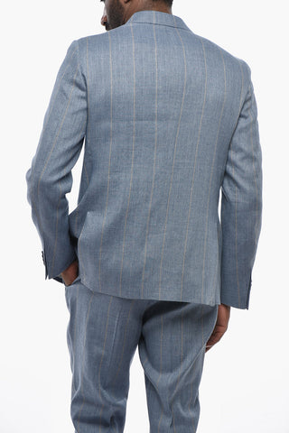 CC COLLECTION Linen And Virgin Wool Pinstripe Two-Button Suit With Iconic Pin