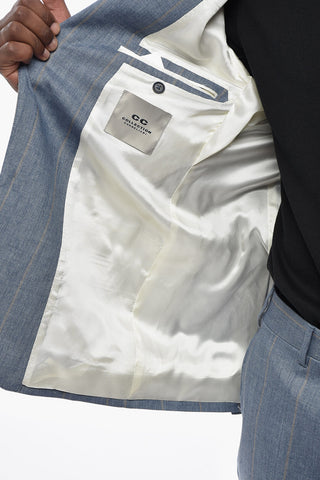 CC COLLECTION Linen And Virgin Wool Pinstripe Two-Button Suit With Iconic Pin