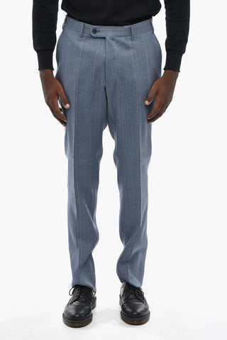 CC COLLECTION Linen And Virgin Wool Pinstripe Two-Button Suit With Iconic Pin