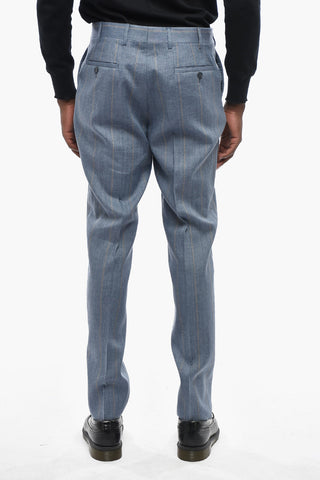 CC COLLECTION Linen And Virgin Wool Pinstripe Two-Button Suit With Iconic Pin