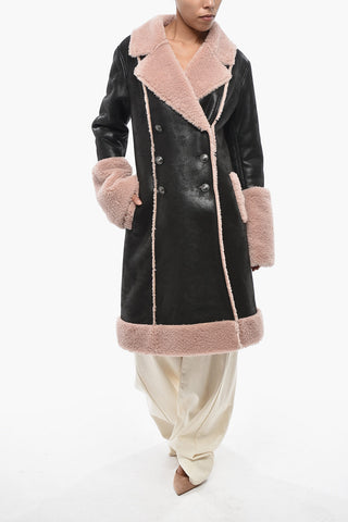 Double-Breasted Leather and Vegan-Fur Coat