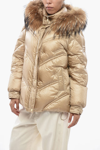 Quilted Puffer Jacket with Fur on Hood and Gold-Effect Buttons