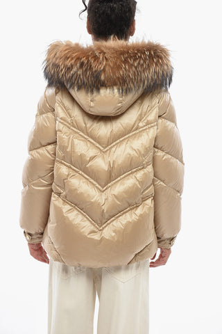 Quilted Puffer Jacket with Fur on Hood and Gold-Effect Buttons